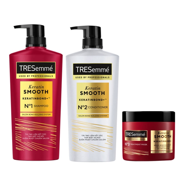 Combo Dầu Gội, Dầu Xả, Kem Ủ TRESemmé Keratin Smooth Keratinbond+ 640g, 620g, 180ml Cho Tóc Khô Xơ Rối Vào Nếp Suôn Mượt